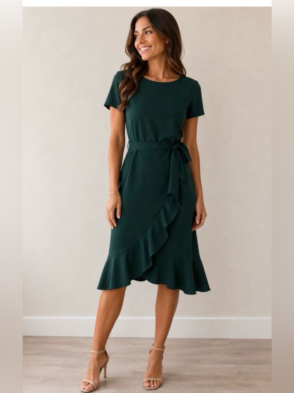 Calvin Klein Dark Green Belted Ruffle Hem Dress